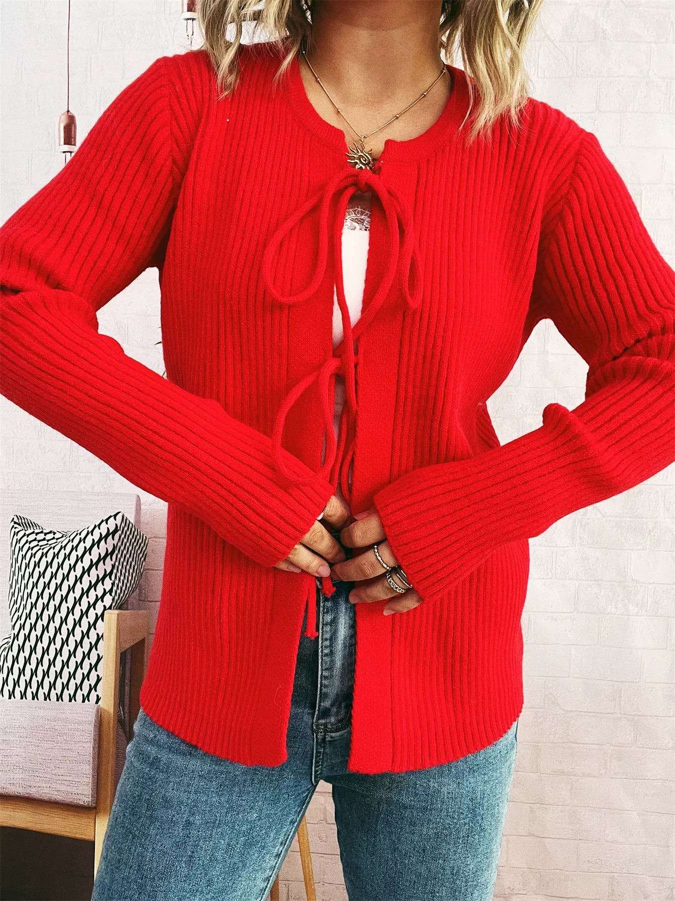 Ribbed Tie Front Long Sleeve Cardigan Red One Size OutfitFlow