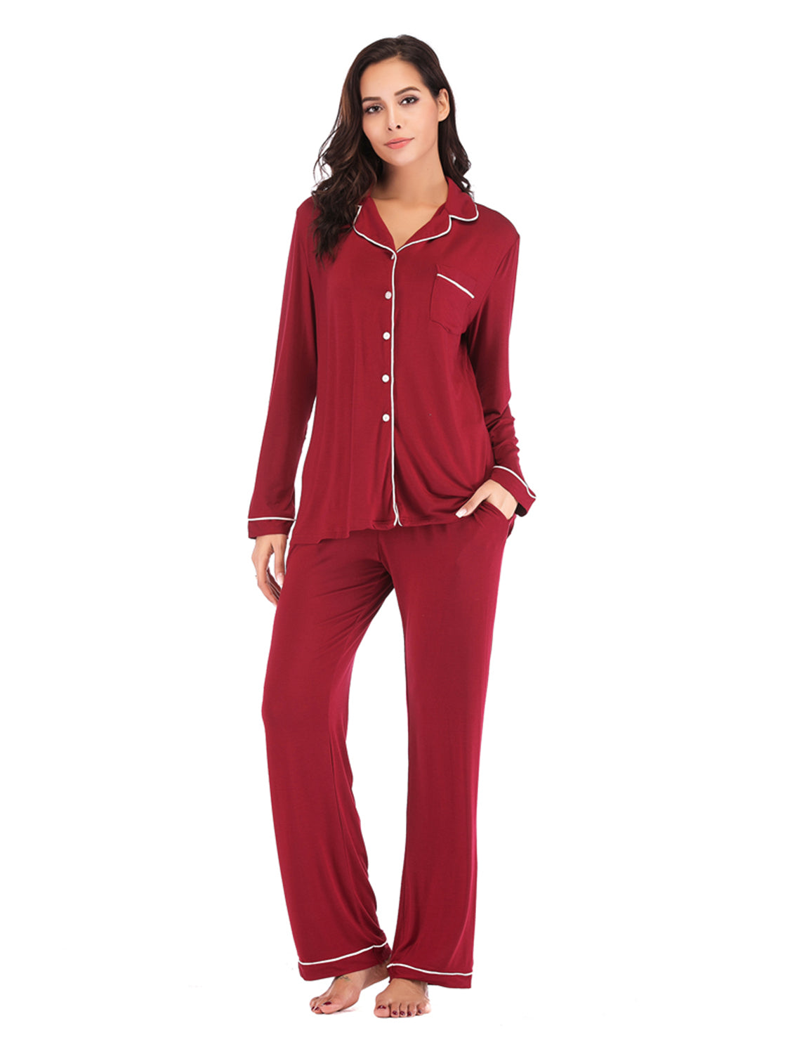 Outfit Flow - Collared Neck Long Sleeve Loungewear Set with Pockets