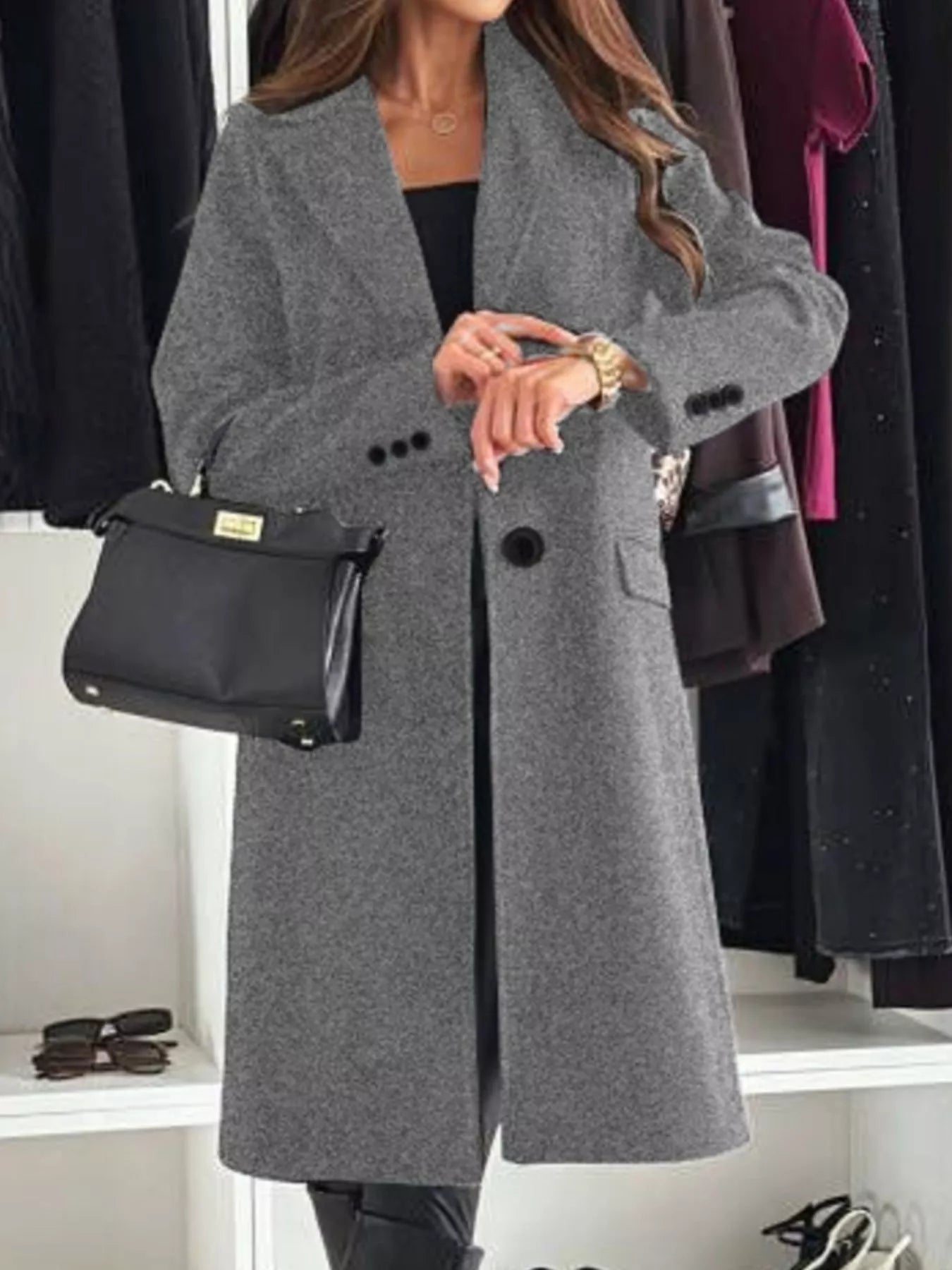 Lapel Collar Long Sleeve Coat OutfitFlow