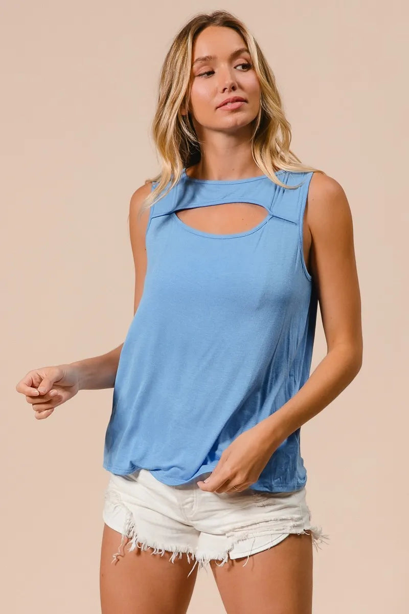 BiBi Rayon Span Knit With Cut Out Front Sleeveless Top OutfitFlow
