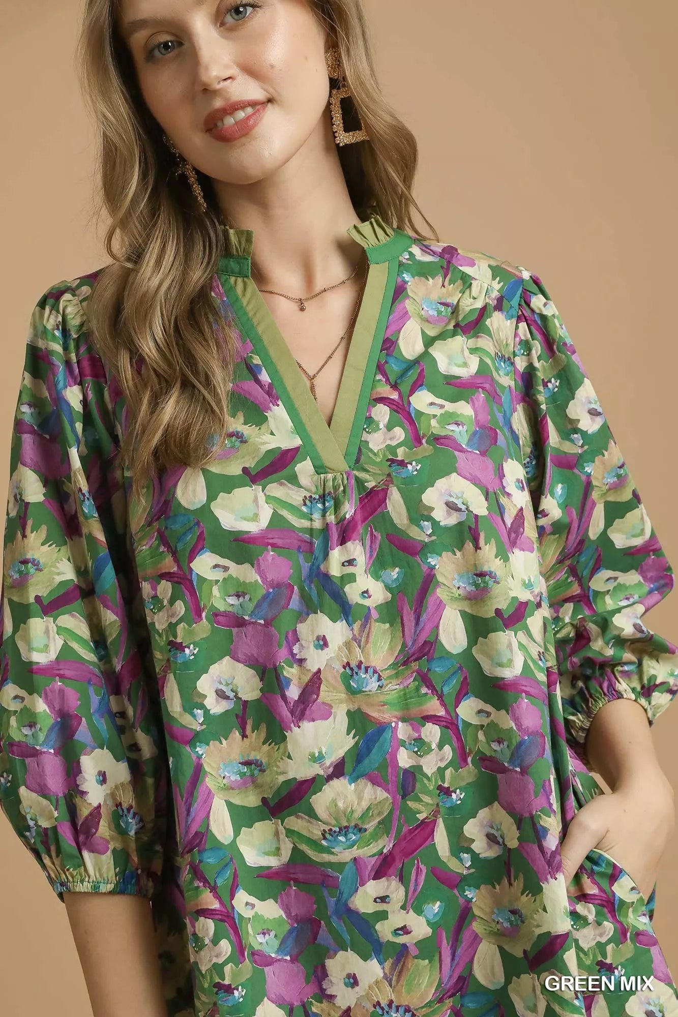 Umgee Boho Floral Balloon Sleeve Mini Dress Trendsi