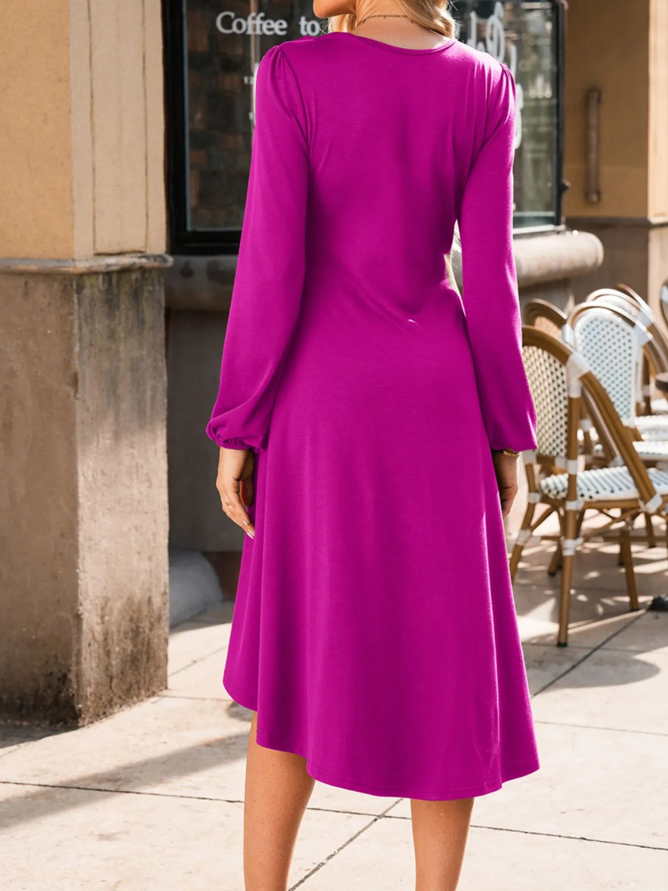 Solid Color Ruched Detail Long Sleeve Midi Dress OutfitFlow