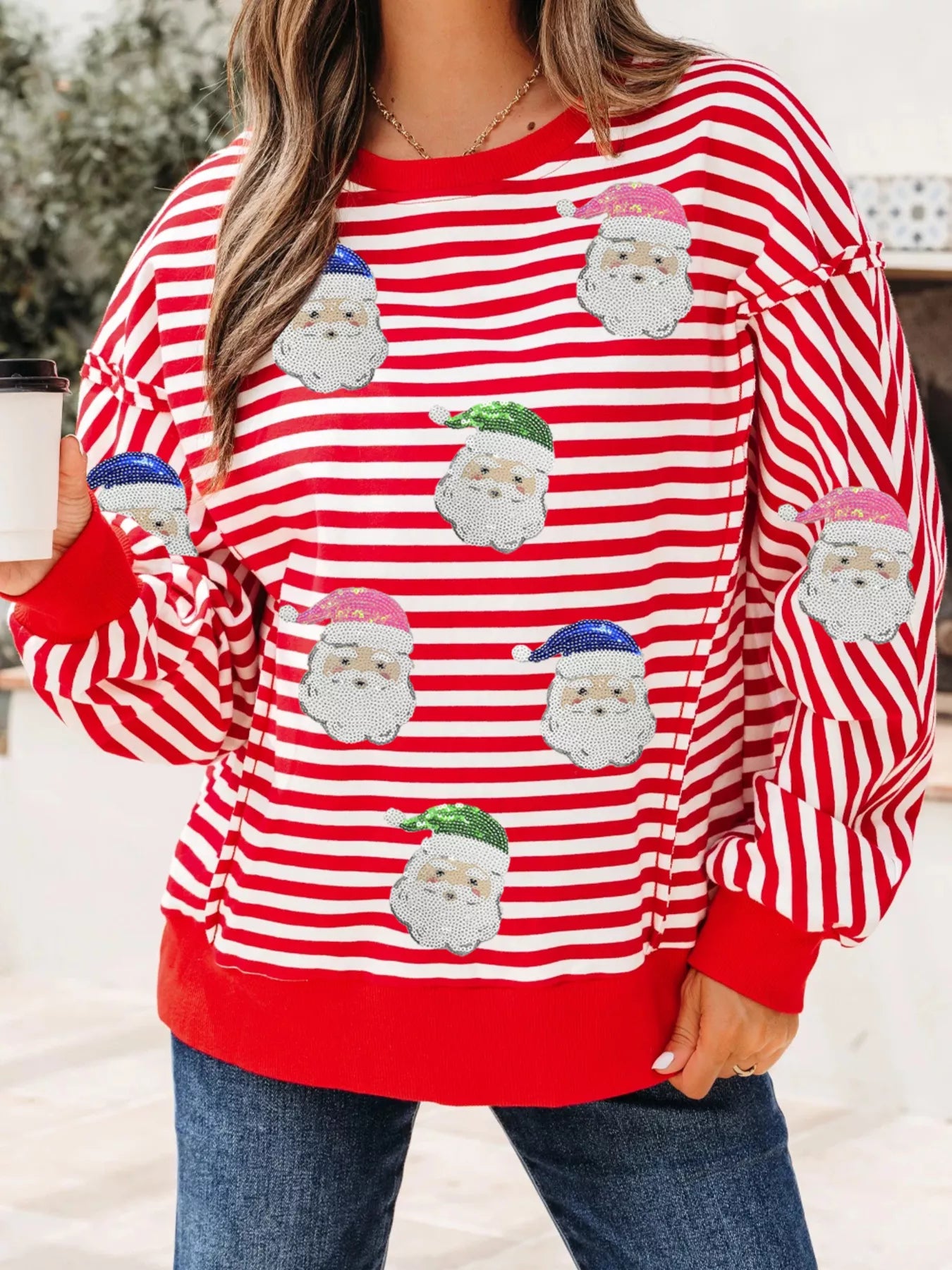 Stripe Sequin Santa Round Neck Raw Seam Detail Christmas Long Sleeve Top Strawberry OutfitFlow