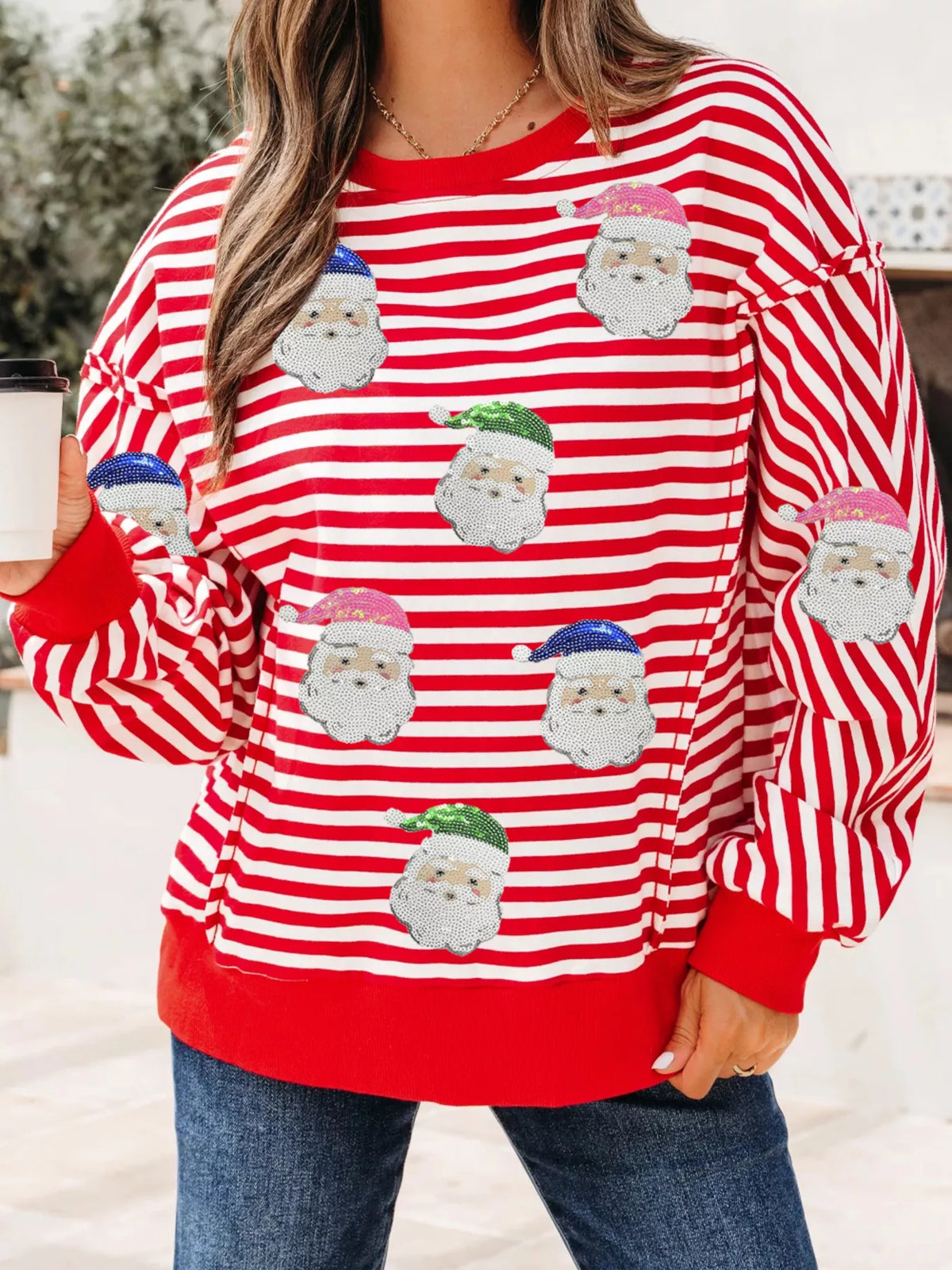Stripe Sequin Santa Round Neck Raw Seam Detail Christmas Long Sleeve Top Strawberry OutfitFlow