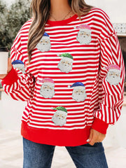 Stripe Sequin Santa Round Neck Raw Seam Detail Christmas Long Sleeve Top Strawberry OutfitFlow