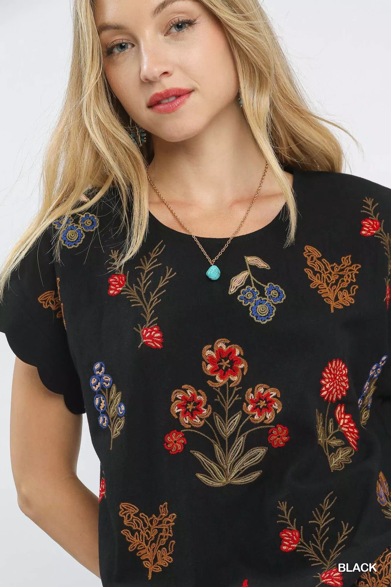 Umgee Embroidered Scallop Sleeve Top with Drawstring Hem OutfitFlow