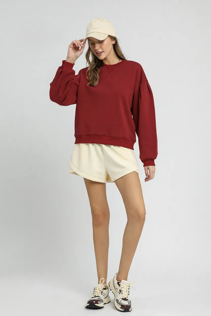 Umgee Round Neck Sweatshirt with Pleated Detail OutfitFlow