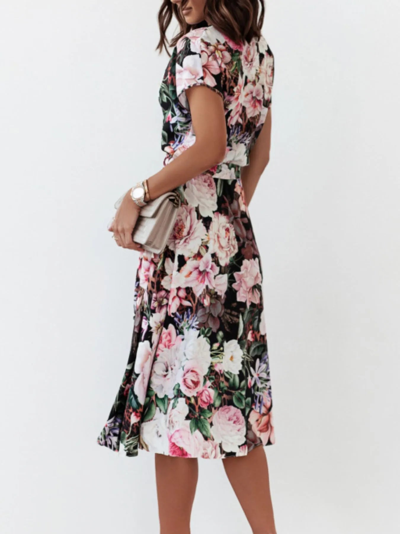 Floral Short Sleeve Midi Dress OutfitFlow