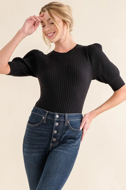 And The Why Puffed Half Sleeve Rib Basic Bodysuit OutfitFlow