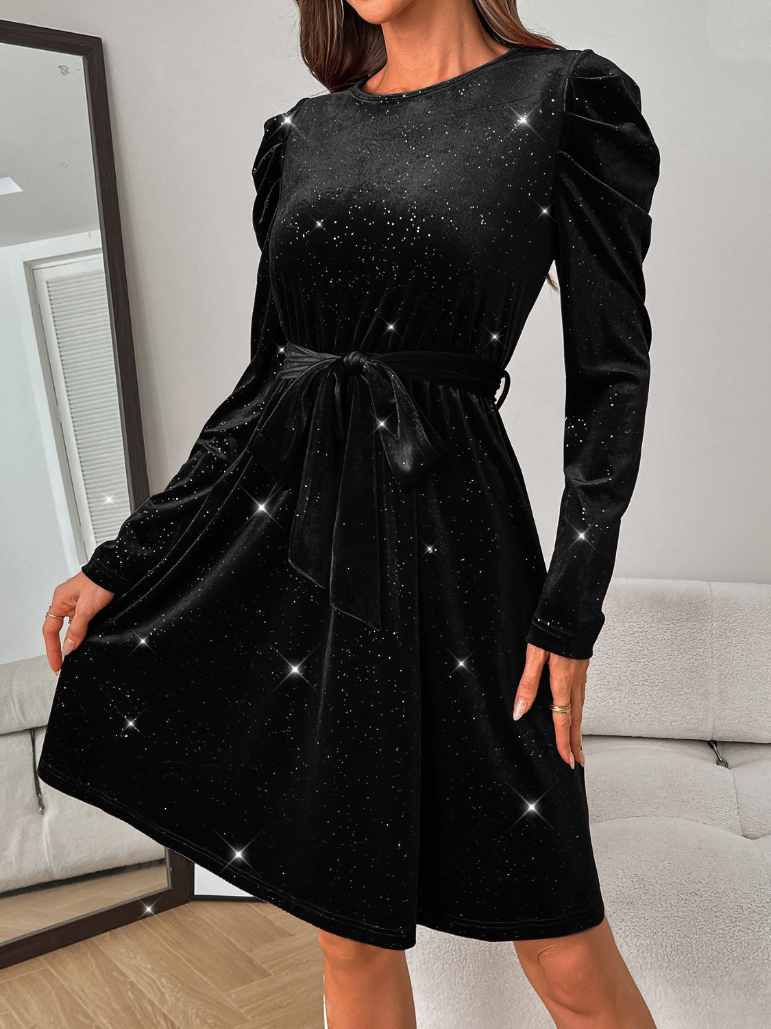 Outfit Flow - Glitter Round Neck Puff Sleeve Dress