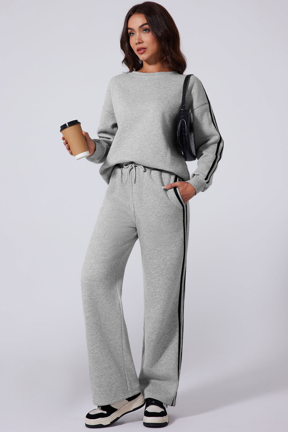 Outfit Flow - Side Striped Round Neck Top and Pants Active Set