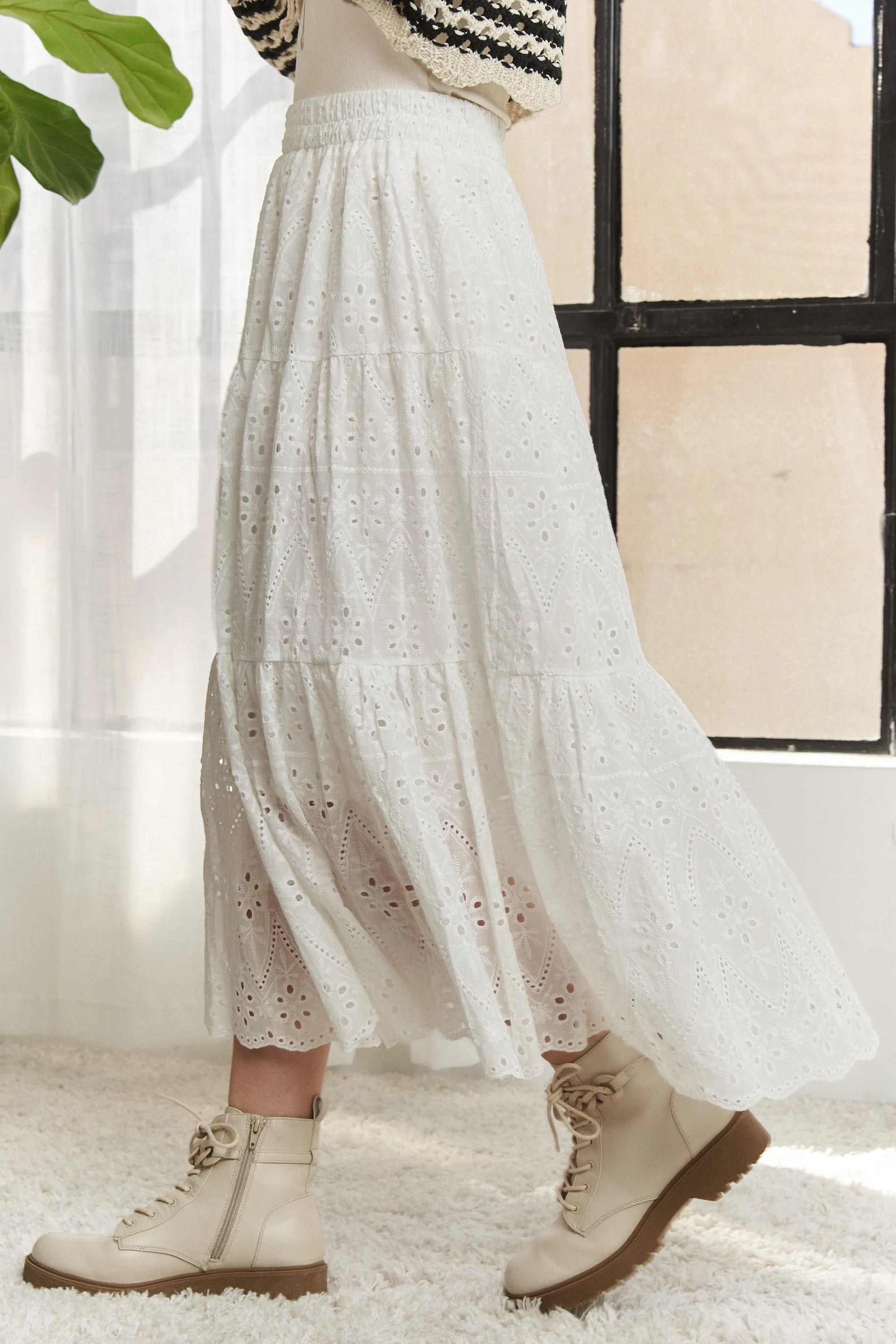 ADORA Elastic Waistband Tiered Midi Skirt OutfitFlow