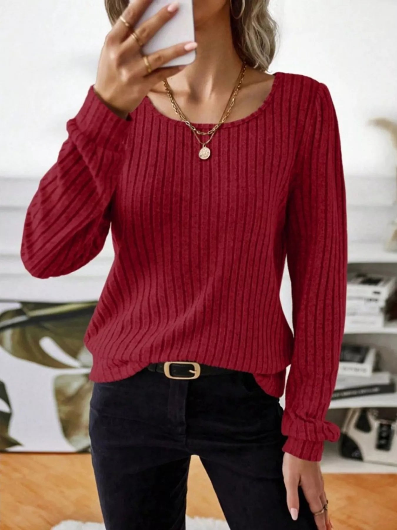 Ribbed Knit Long Sleeve T-Shirt OutfitFlow