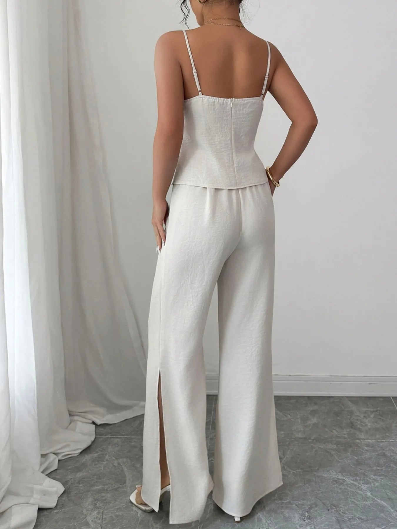 Cutout Back Zipper Cami and Wide Leg Pants Set OutfitFlow