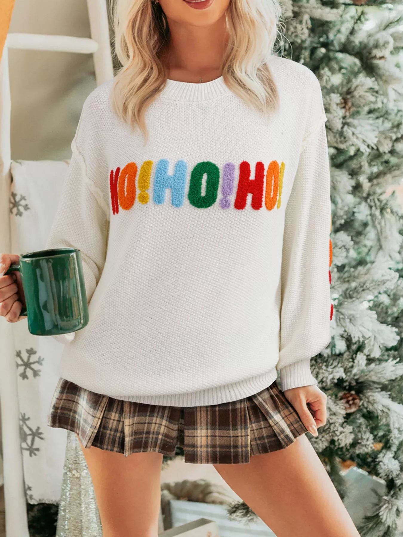 HOHOHO MERRY CHRISTMAS Drop Shoulder Holiday Sweater White OutfitFlow