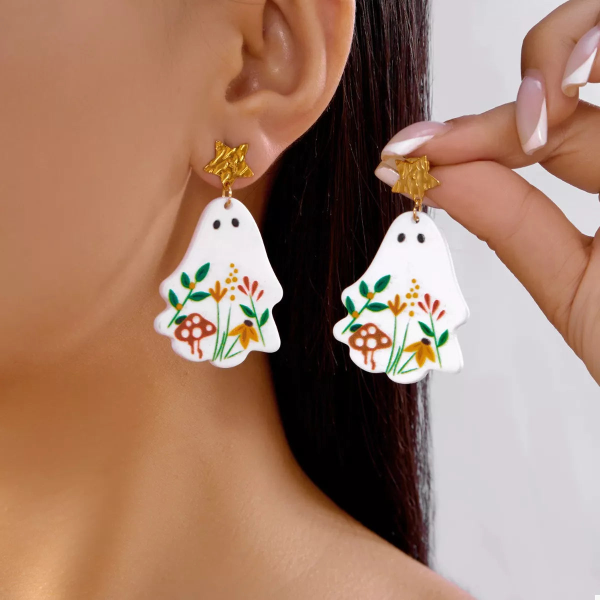 Whimsical Ghost Earrings with Floral Design OutfitFlow