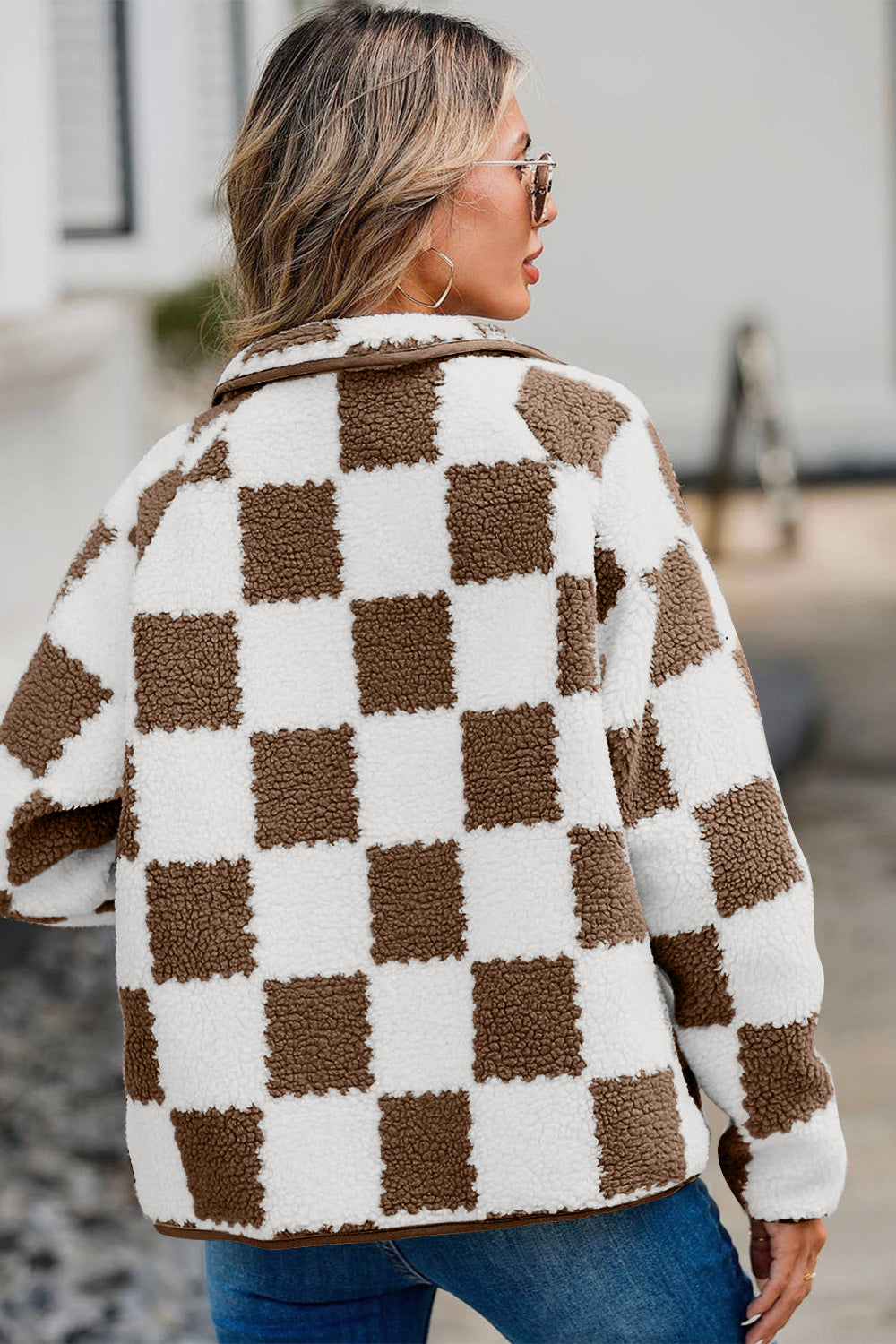 Outfit Flow - Checkered Snap Down Long Sleeve Teddy Jacket