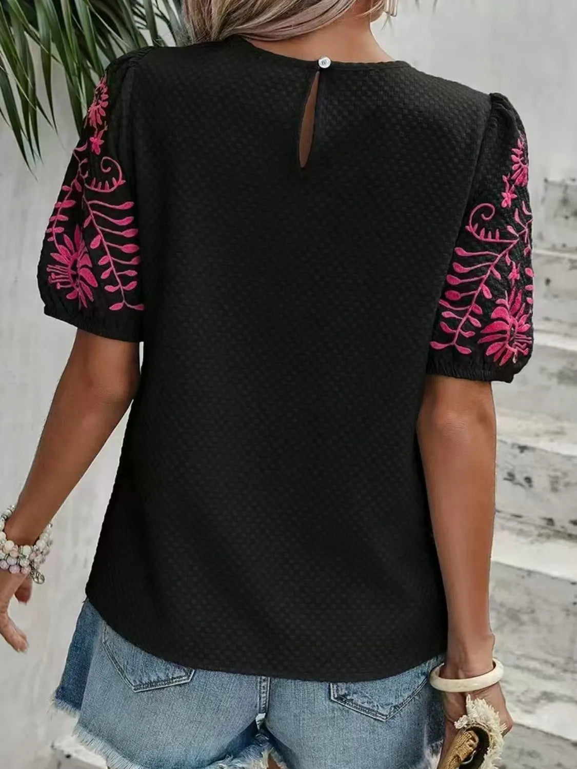 Embroidered Round Neck Short Sleeve Blouse OutfitFlow