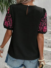 Embroidered Round Neck Short Sleeve Blouse OutfitFlow