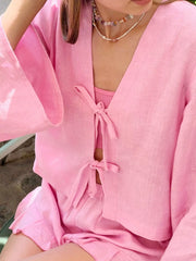 Tie Front Long Sleeve Top and Shorts Set OutfitFlow