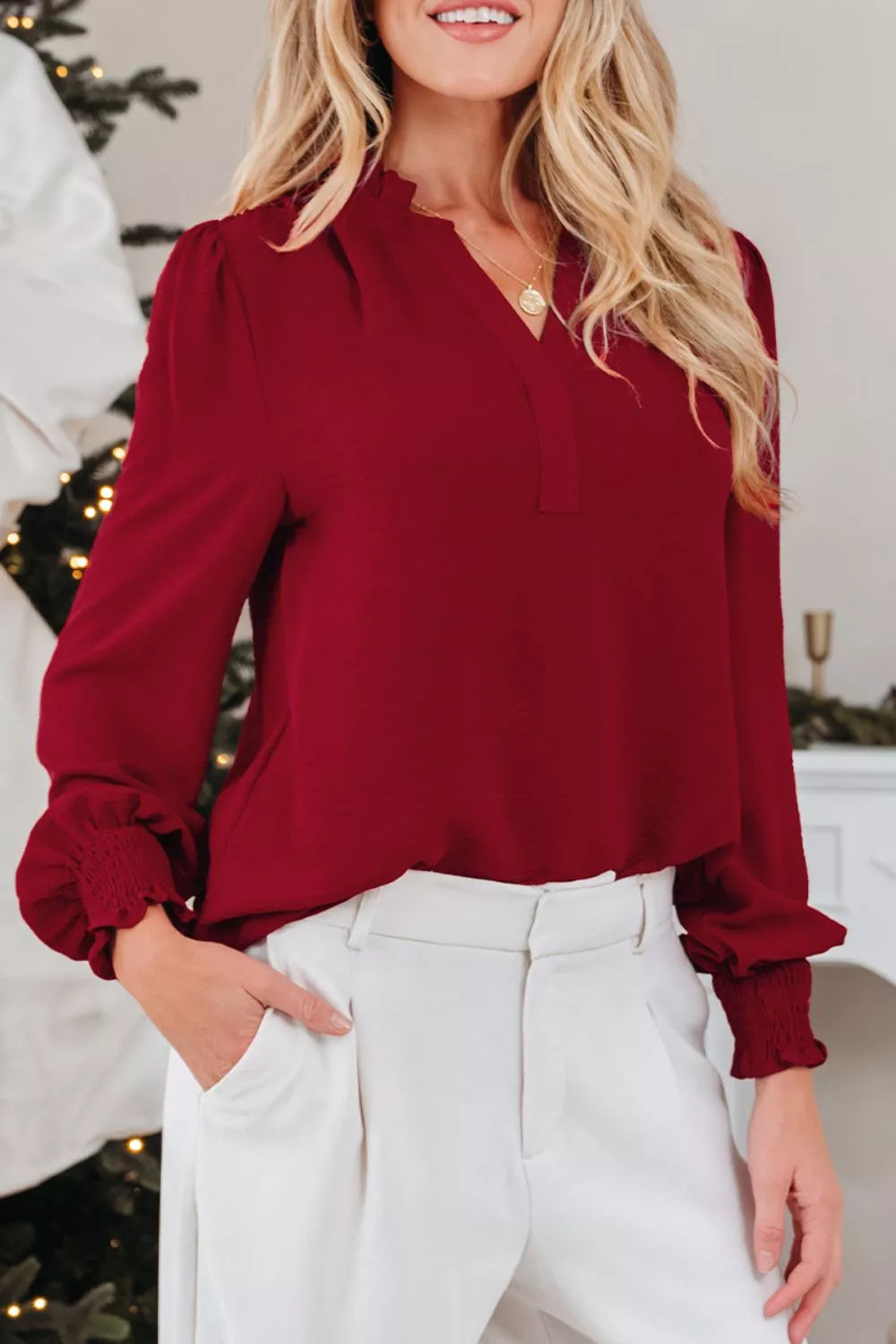 Notched Neck Shirred Cuff Long Sleeve Blouse OutfitFlow