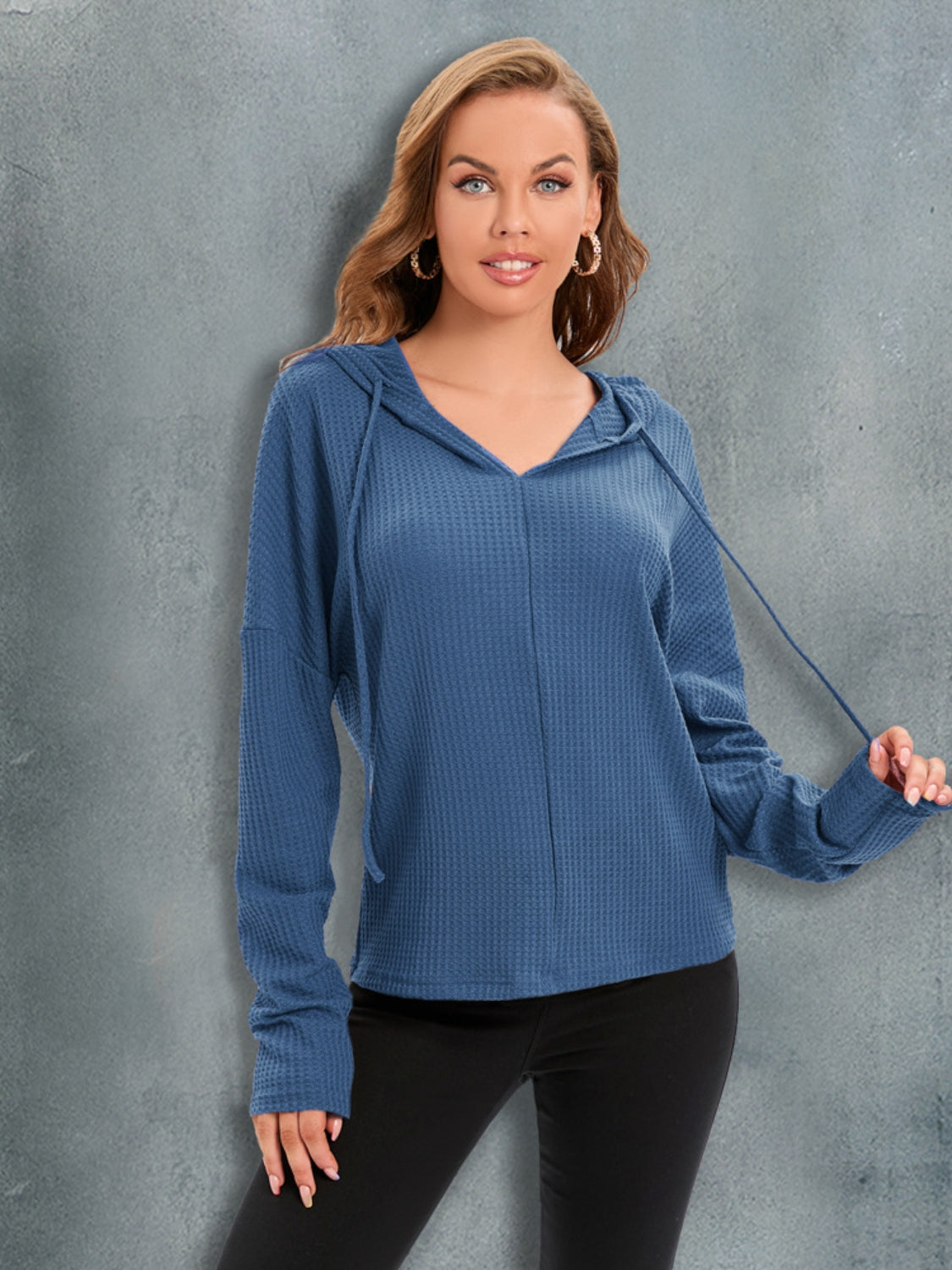 Waffle-Knit Drawstring Drop Shoulder Hoodie Dusty Blue OutfitFlow