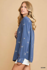Umgee Linen Blend Fitted Shirt with Ribbon Embroidery Details Trendsi