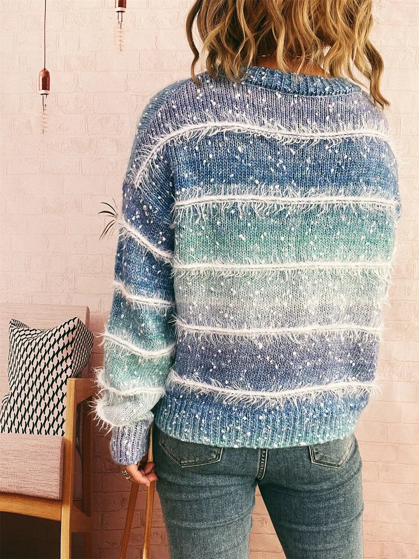 Gradient Striped Round Neck Sweater OutfitFlow