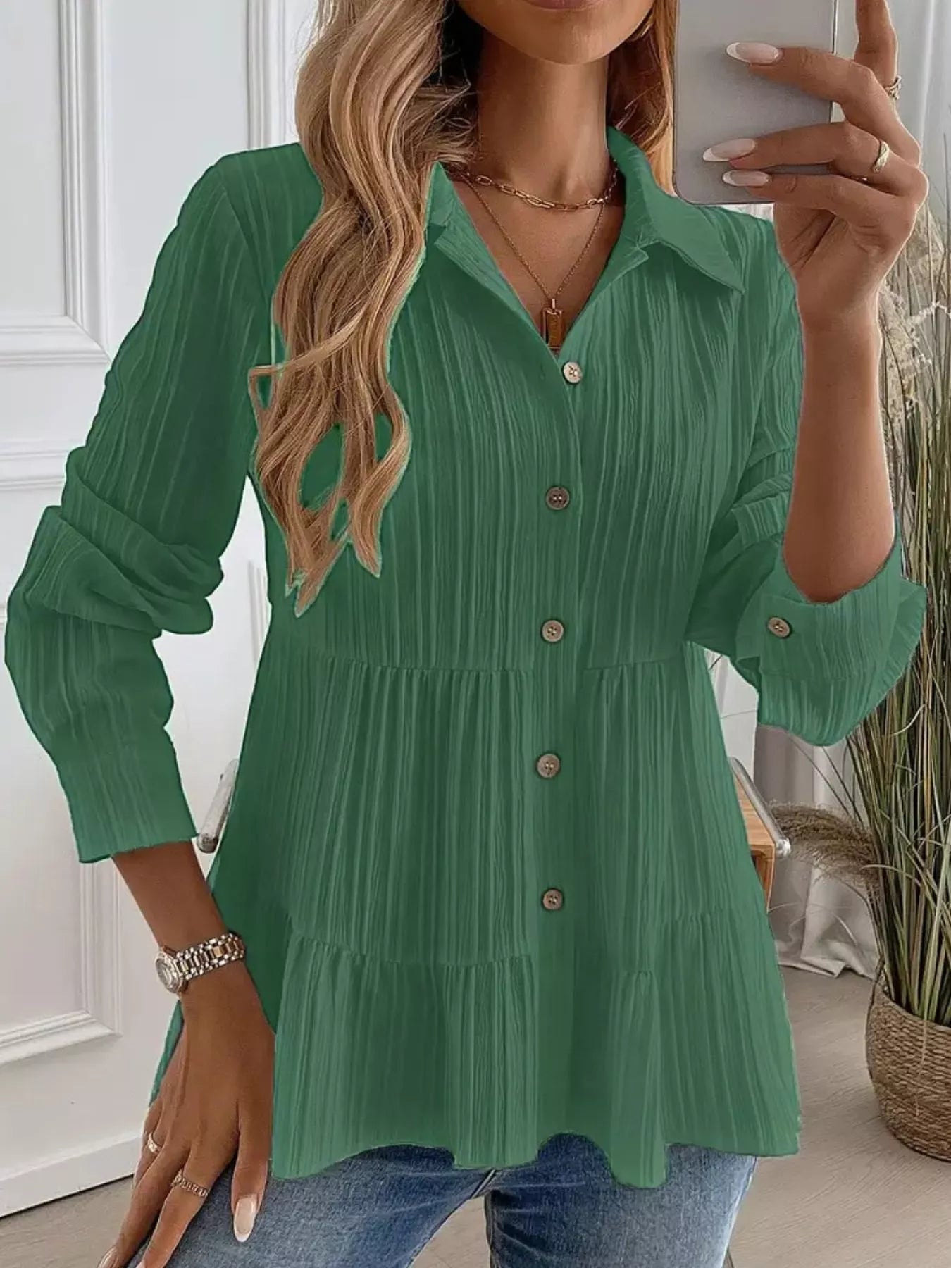 Button-Down Long Sleeve Tiered Shirt Green OutfitFlow