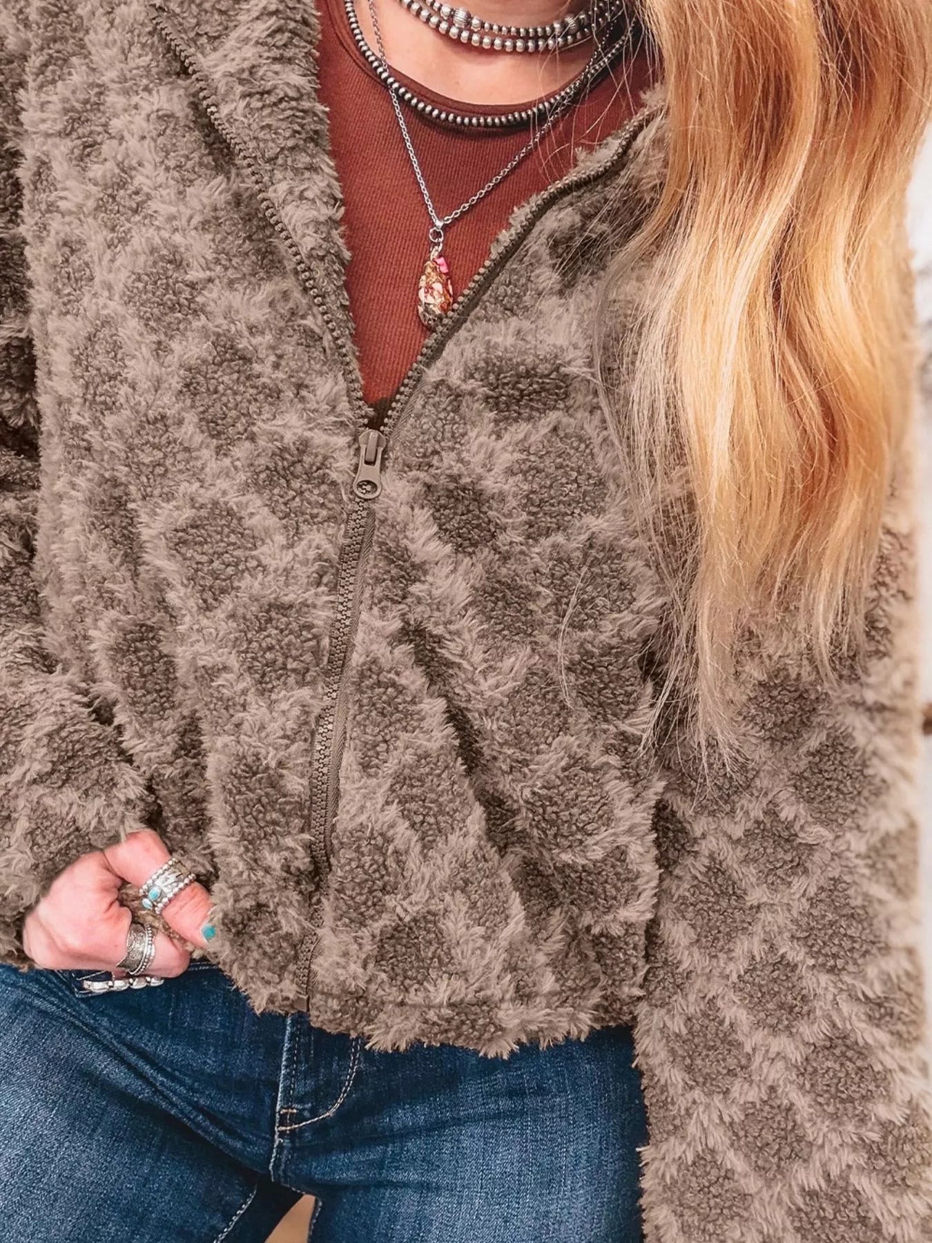 Sherpa Rhombus Zip Up Side Pocket Hooded Jacket OutfitFlow