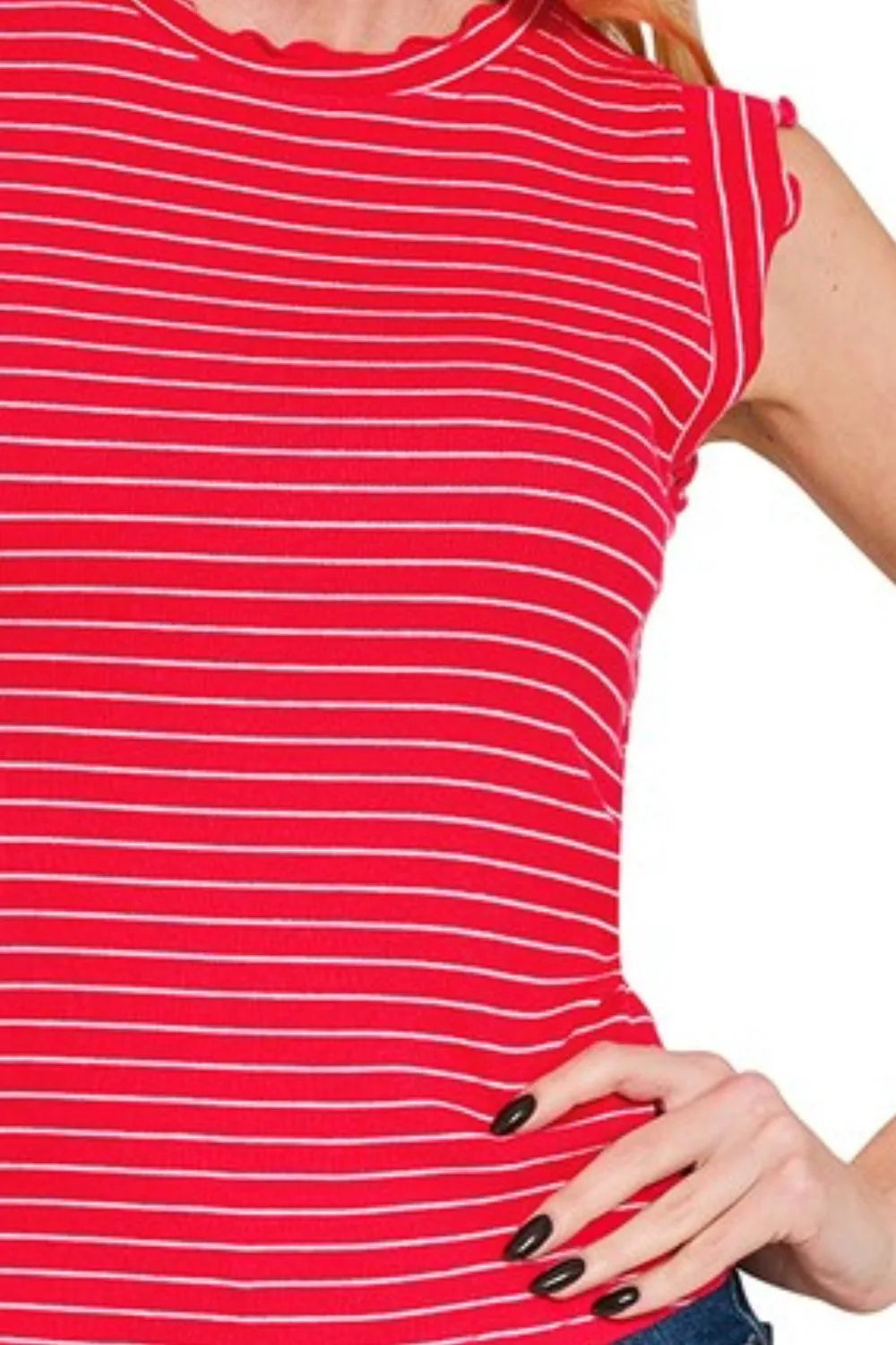 Zenana Ribbed Ruffle Trim Sleeveless Stripe Top OutfitFlow