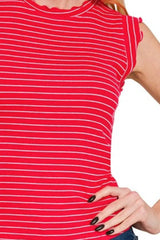 Zenana Ribbed Ruffle Trim Sleeveless Stripe Top OutfitFlow