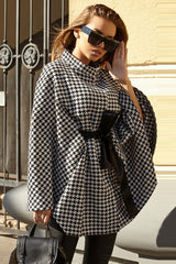 Houndstooth Tie Waist Trench Coat Plaid One Size Trendsi