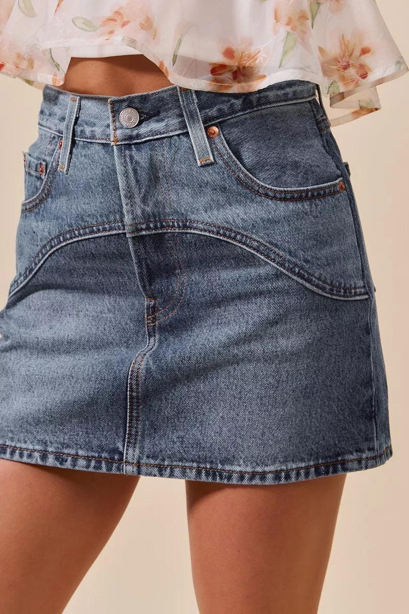 SO ME Washed Denim Mini Skirt with Pockets Trendsi