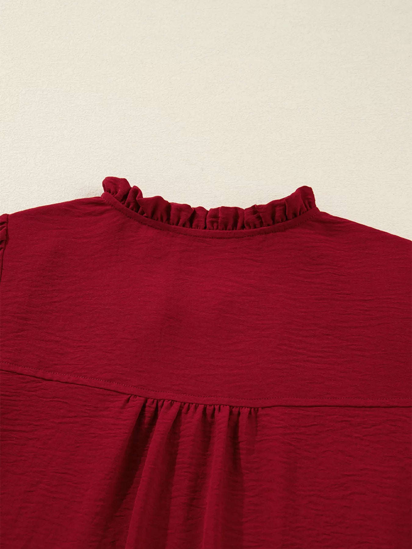 Notched Neck Shirred Cuff Long Sleeve Blouse OutfitFlow