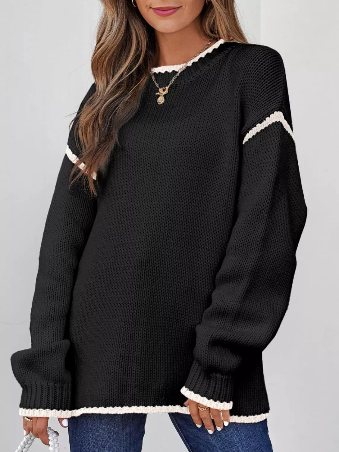 Contrast Trim Round Neck Sweater OutfitFlow