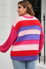 Plus Size Color Block Pom-Pom Trim Sweater