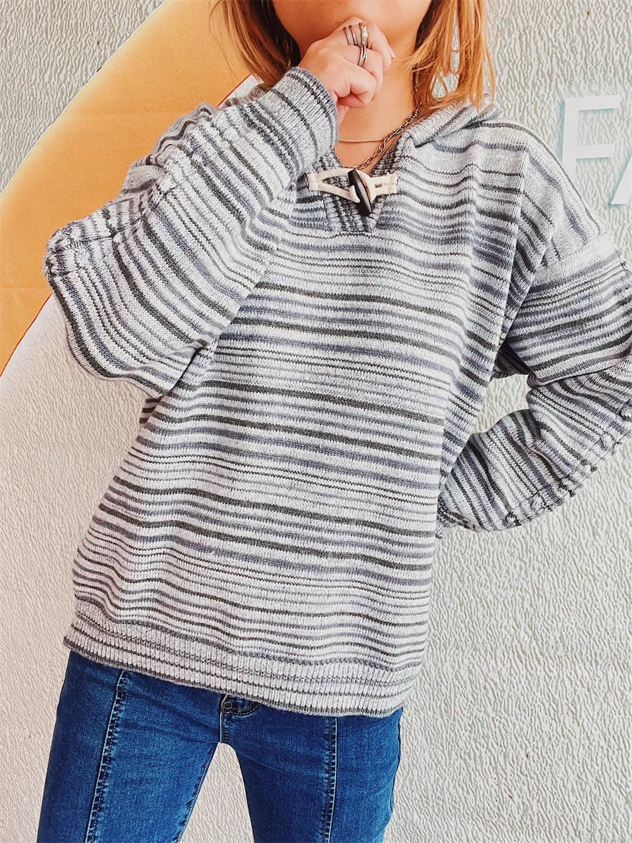 Striped Long Sleeve Hooded Sweater Trendsi