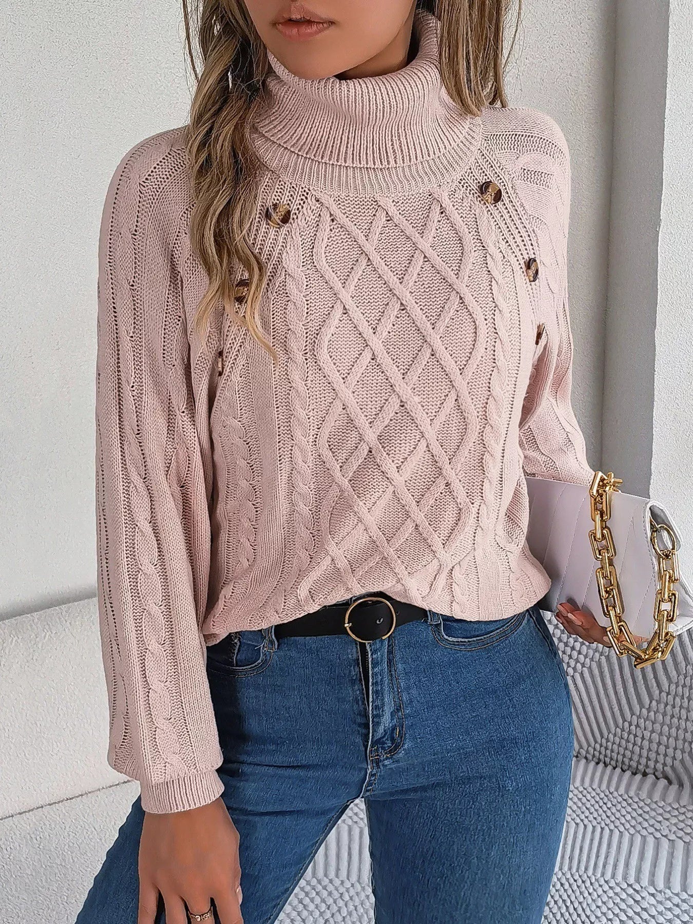 Cable Knit Turtleneck Long Sleeve Sweater OutfitFlow
