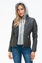 Outfit Flow - YMI Faux Layered Double-Zipper Jacket with Fuzzy Hood