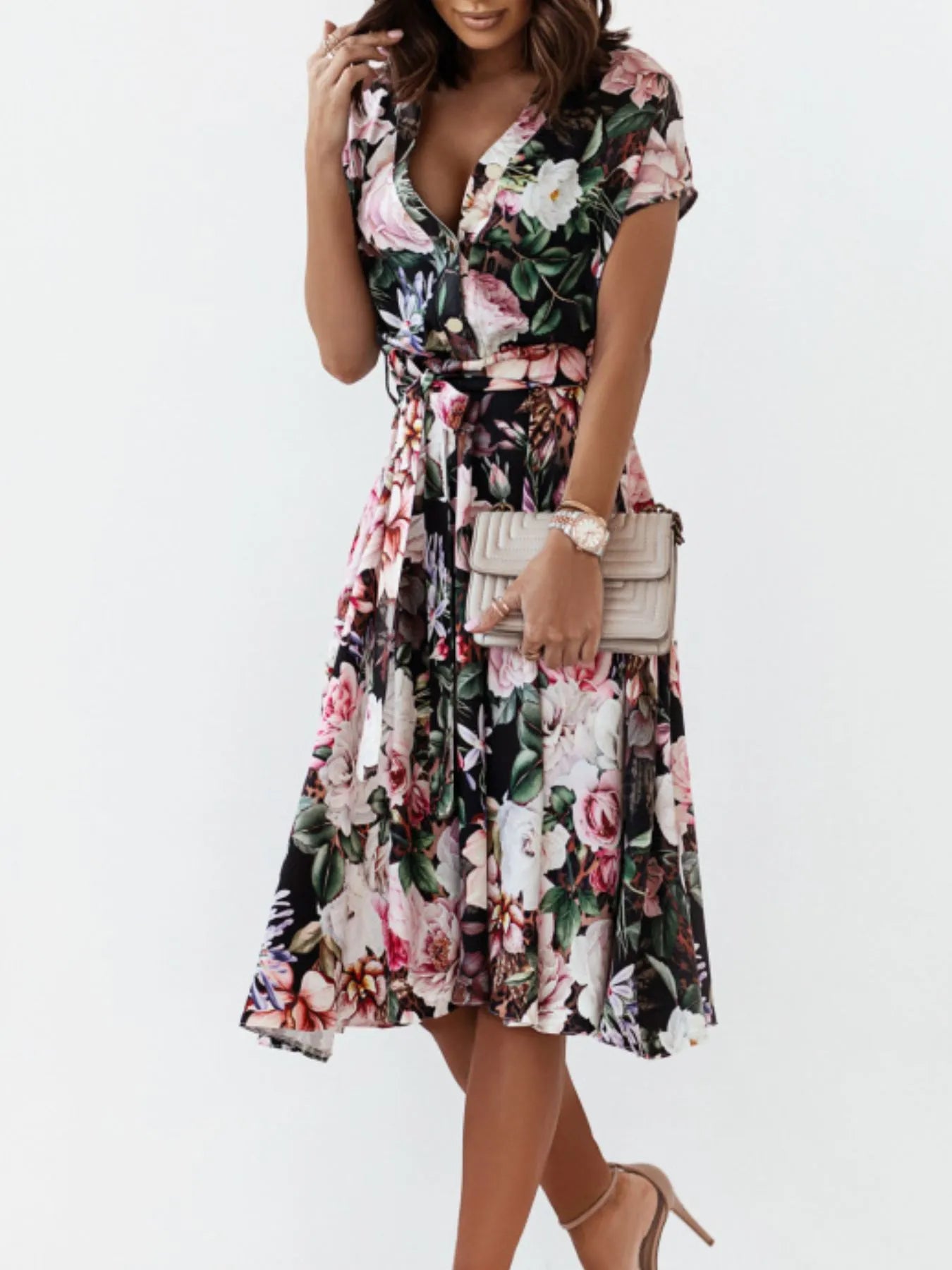 Floral Short Sleeve Midi Dress Black OutfitFlow