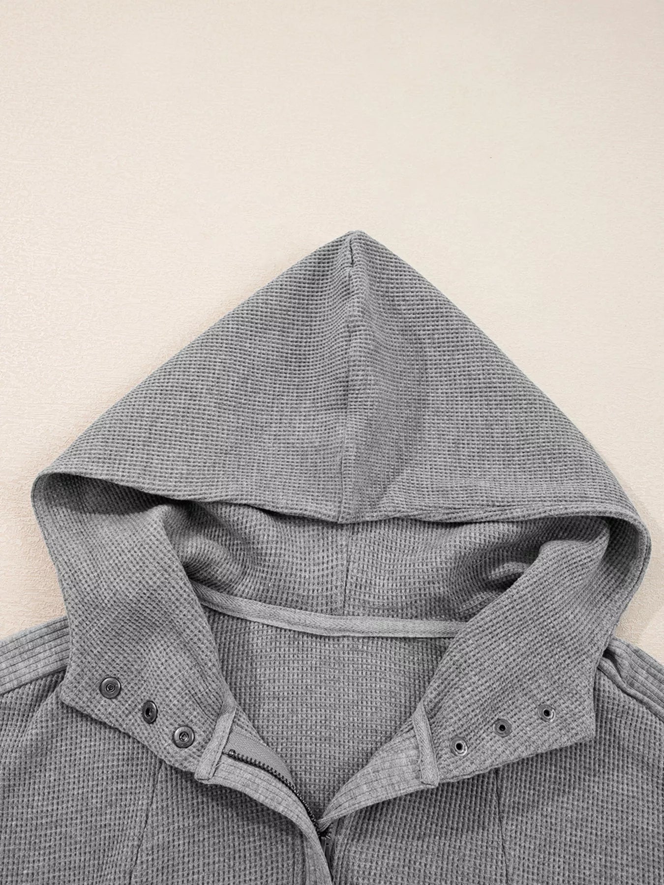 Waffle Splicing Zip Up Front Button Hooded Jacket OutfitFlow