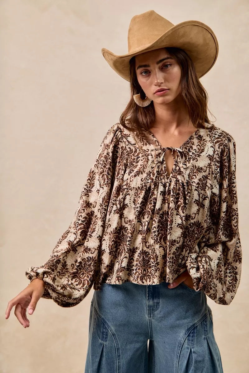 BiBi Printed Woven Front Tied Blouse with Baloon Sleeve OutfitFlow