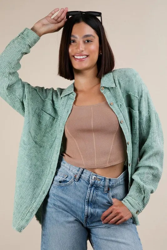 VERY J Mineral Washed Gauze Button Down Shirt Sage OutfitFlow