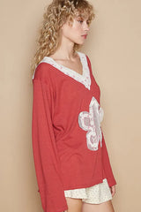 POL Lace Flower Patch Long Sleeve T-Shirt OutfitFlow