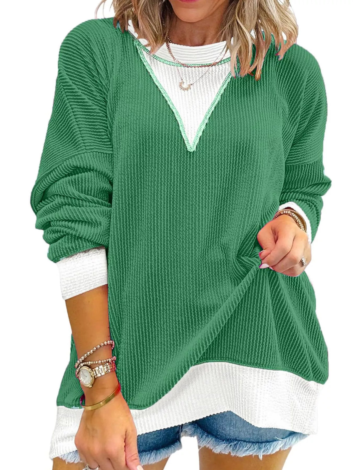 Contrast Dropped Shoulder Sweatshirt Green OutfitFlow