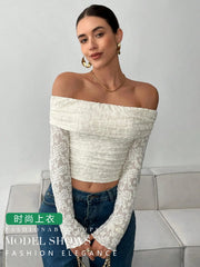 Off Shoulder Long Sleeve Lace Top OutfitFlow