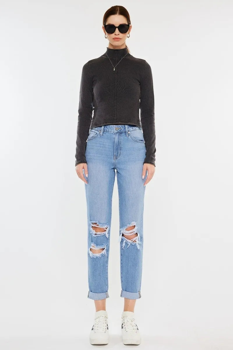 Kancan High Rise Distressed Mom Jeans OutfitFlow