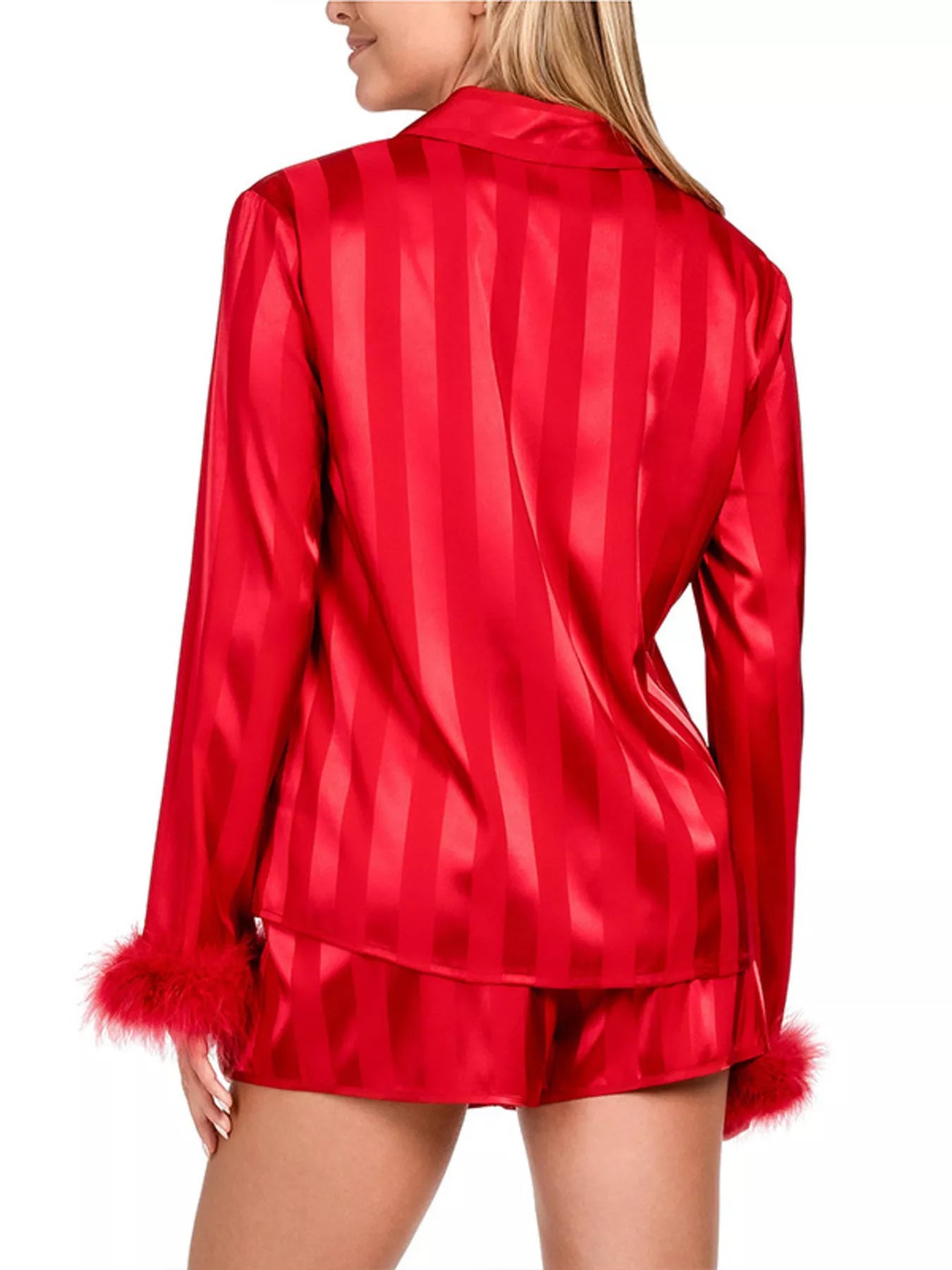 Striped Feather Trim Shirt and Shorts Lounge Set OutfitFlow