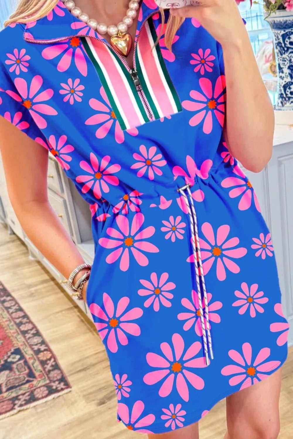 Floral Print Zip Collar Drawstring Summer Mini Dress OutfitFlow